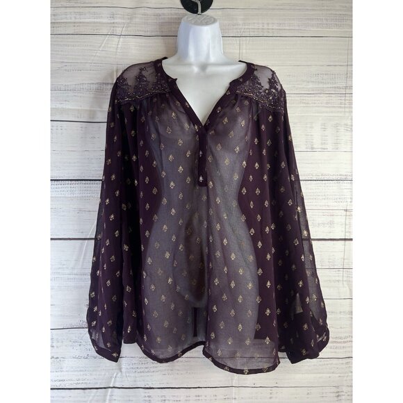 Bila Top Women XXL Burgundy Sheer Popover V Neck Long Sleeve Beaded Embroidered - Picture 1 of 14